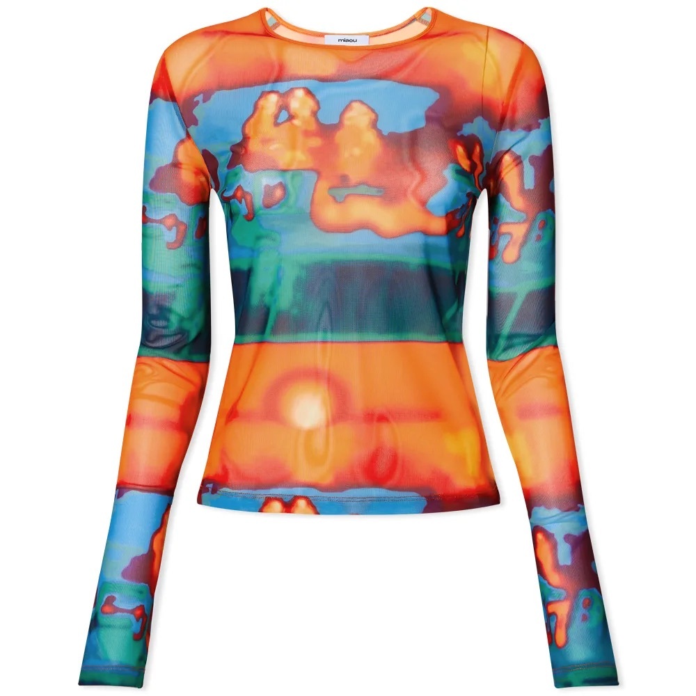 Miaou Long Sleeve Abstract Sunset Print Top in Orange, Blue, Green